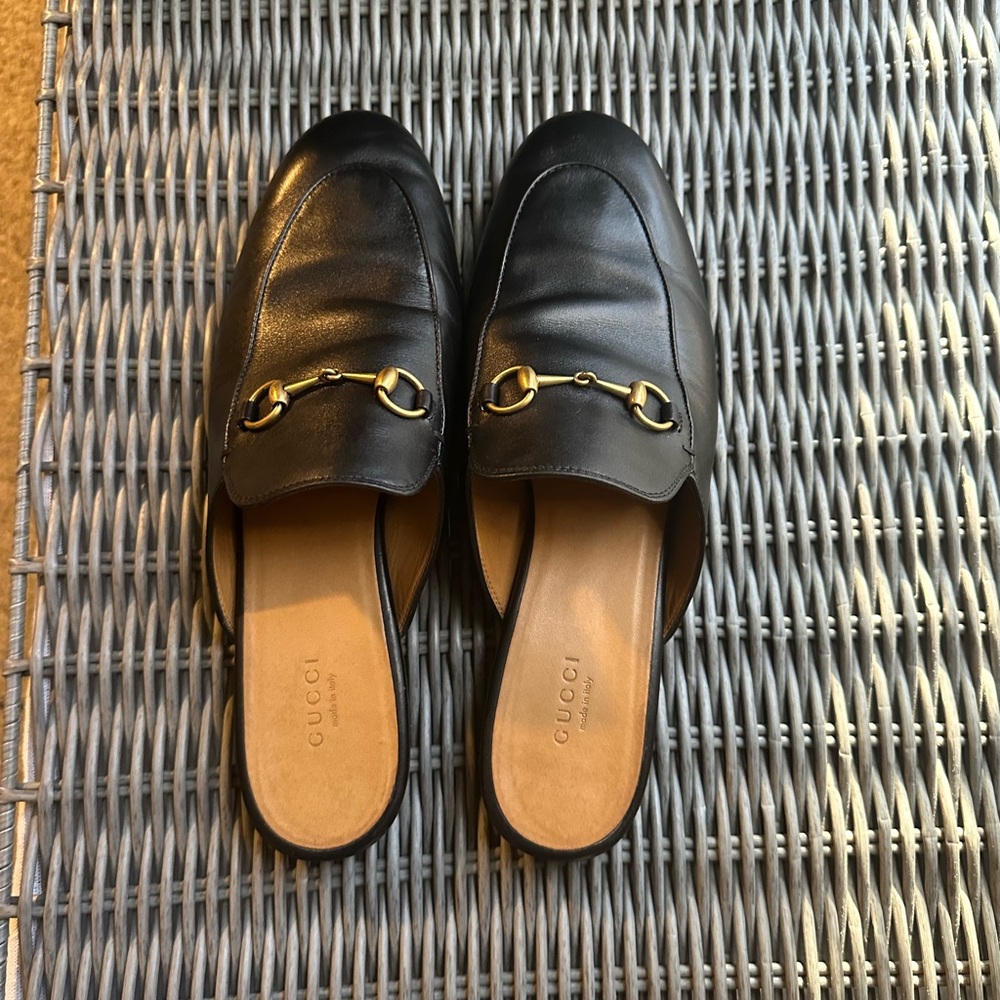 Gucci Black Leather Mules with Gold Hardware